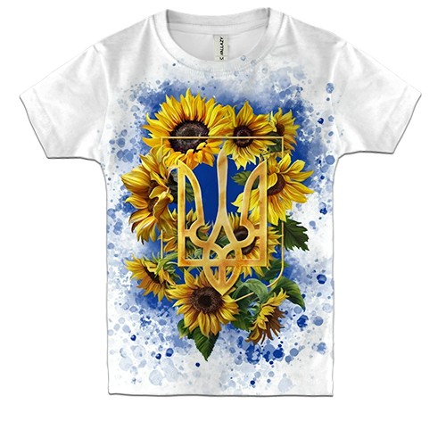 Детская 3D футболка Герб Украины с подсолнухами