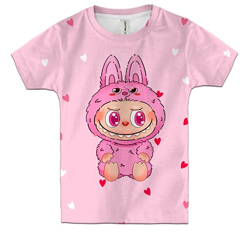 Детская 3D футболка Лабубу в розовых сердечках