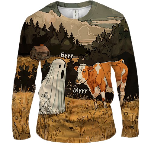 Мужской 3D лонгслив Корова и привидение