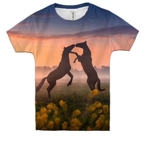 Детская 3D футболка с лошадьми на поле