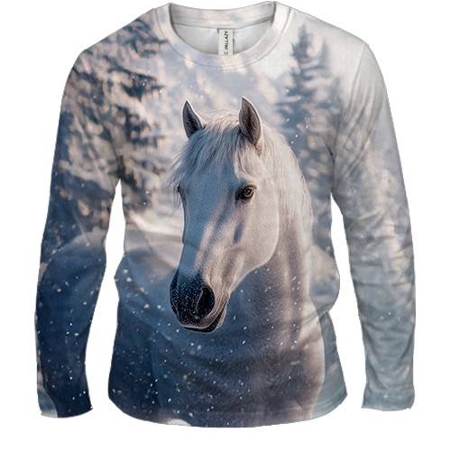 Мужской 3D лонгслив Конь и снежный лес