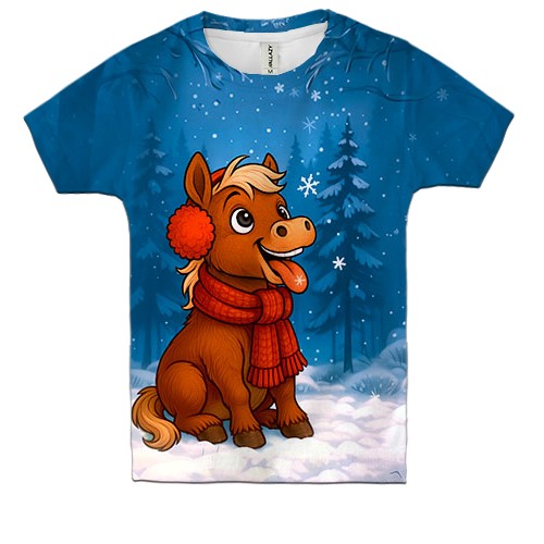 Детская 3D футболка Маленькая лошадка и снег