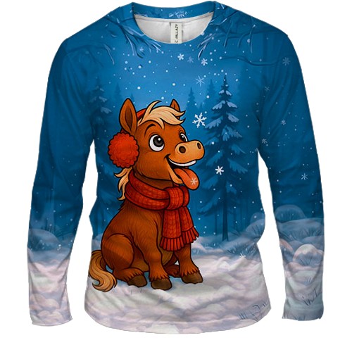 Мужской 3D лонгслив Маленькая лошадка и снег