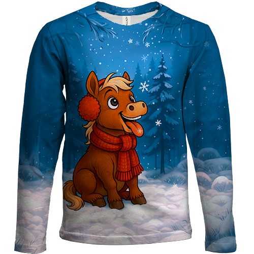 Детский 3D лонгслив Маленькая лошадка и снег