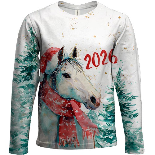 Детский 3D лонгслив Новогодняя лошадка в шапке Санты