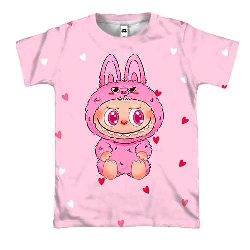 3D футболка Лабубу в розовых сердечках
