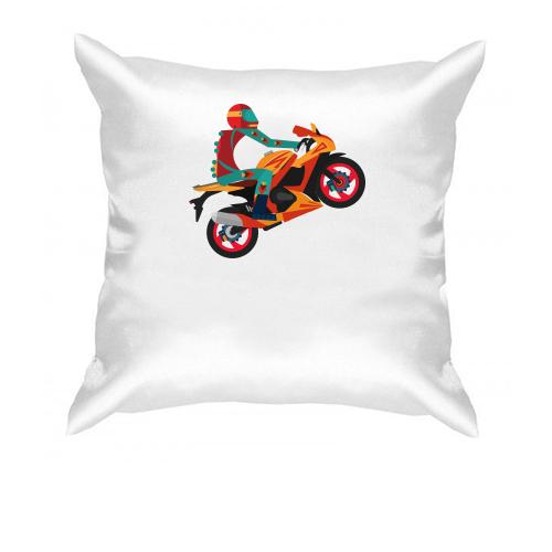 Подушка с арт иллюстрацией мотоциклиста спортсмена