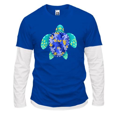 Комбинированный лонгслив с синей черепахой