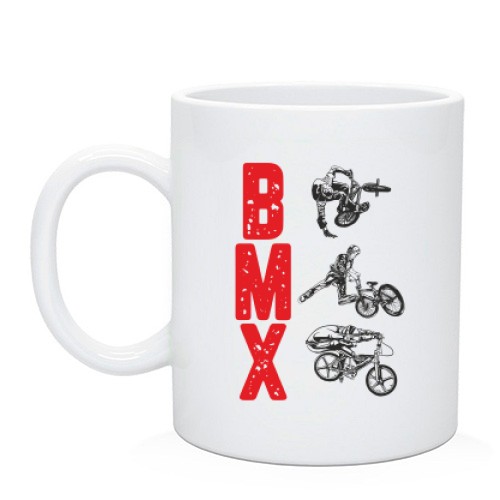 Чашка с вертикальной надписью «BMX» и силуэтами велосипедистов, выполняющих трюки