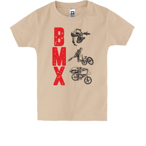 Детская футболка с вертикальной надписью «BMX» и силуэтами велосипедистов, выполняющих трюки