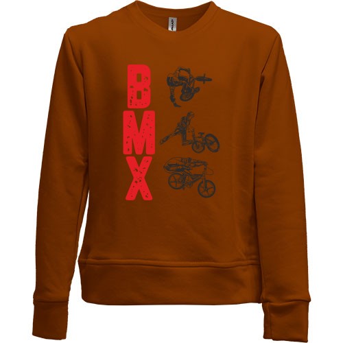 Детский свитшот без начеса с вертикальной надписью «BMX» и силуэтами велосипедистов, выполняющих трюки