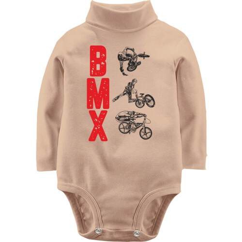 Детский боди LSL с вертикальной надписью «BMX» и силуэтами велосипедистов, выполняющих трюки