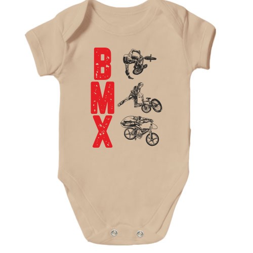 Детский боди с вертикальной надписью «BMX» и силуэтами велосипедистов, выполняющих трюки