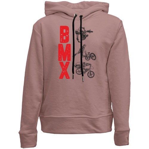 Детский худи без флиса с вертикальной надписью «BMX» и силуэтами велосипедистов, выполняющих трюки