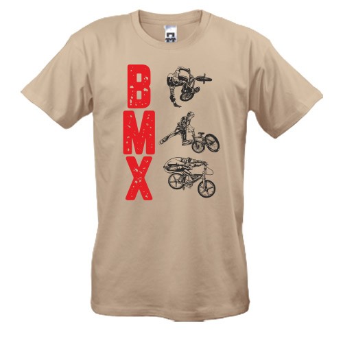 Чоловіча футболка з вертикальним написом «BMX» та силуетами велосипедистів, що виконують трюки