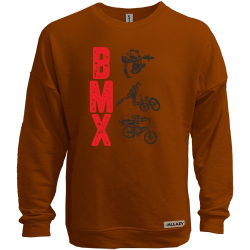 Світшот без начісу з вертикальним написом «BMX» та силуетами велосипедистів, що виконують трюки