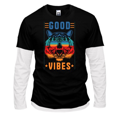 Чоловічий лонгслів Комбі із тигром в окулярах та написом «Good vibes»