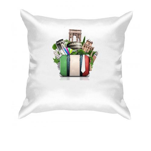Подушка с достопримечательностями Италии и чемоданом - флагом