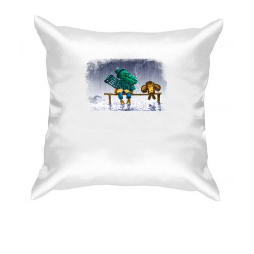 Подушка із зображенням Чебурашки і Гени на лавочці
