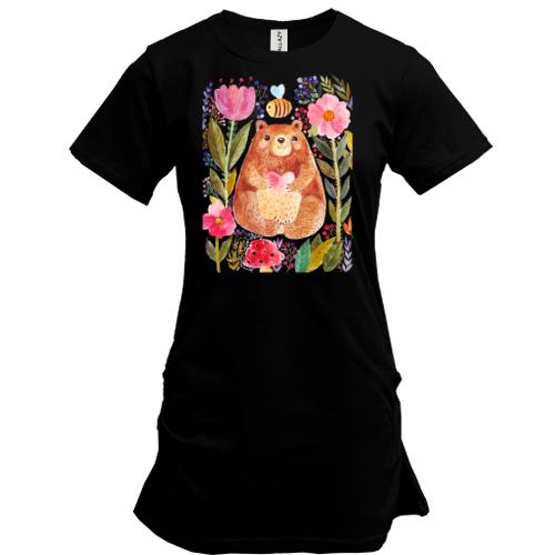 Подовжена футболка з ведмедиком в  квітах