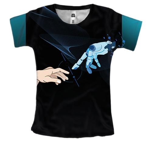 Женская 3D футболка и рукой человека и робота