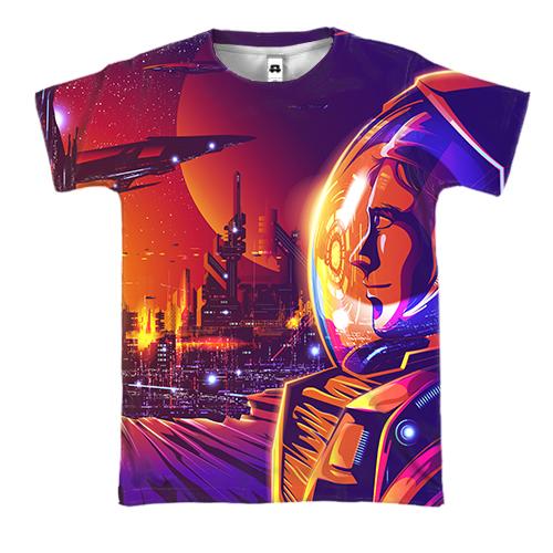 3D футболка с космонавтом в городе будущего