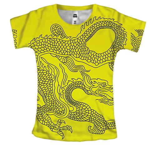 Женская 3D футболка с черным драконом на желтом фоне