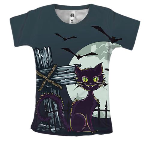 Женская 3D футболка с котом на кладбище