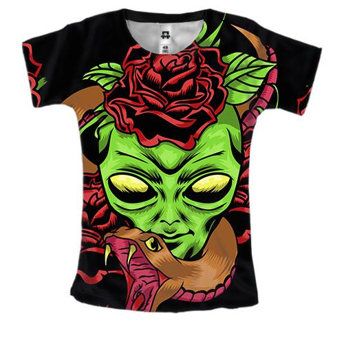 Женская 3D футболка с пришельцем и розами