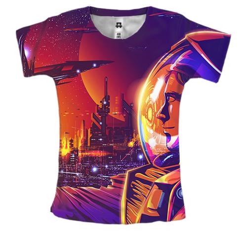 Женская 3D футболка с космонавтом в городе будущего