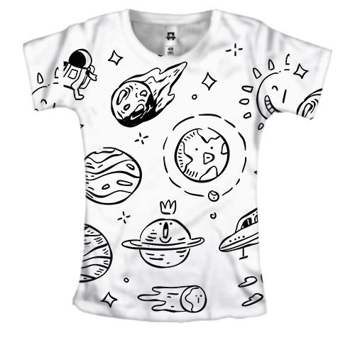 Женская 3D футболка с планетами и метеоритами