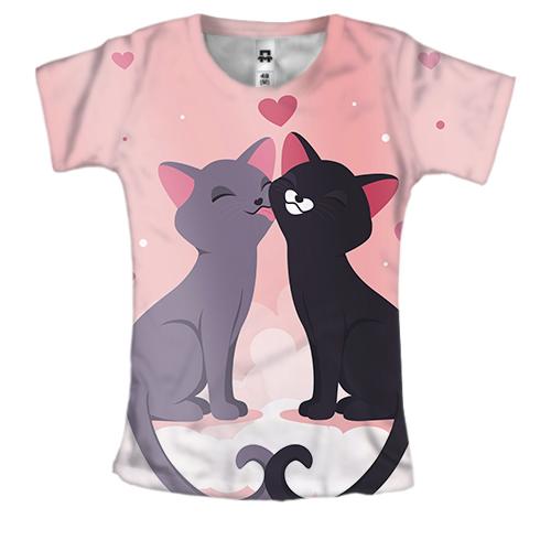 Женская 3D футболка с влюбленными серым и черным котом