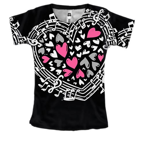 Женская 3D футболка с музыкальными сердечками