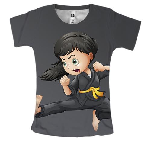Жіноча 3D футболка з дівчинкою каратісткойв чорному