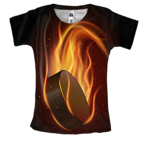 Жіноча 3D футболка з хокейною шайбою в вогні