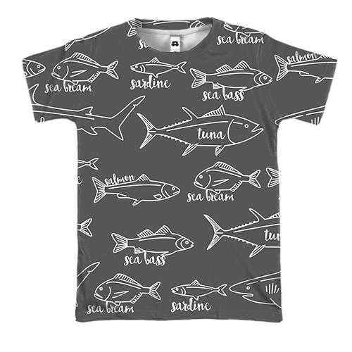 3D футболка с разными рыбами