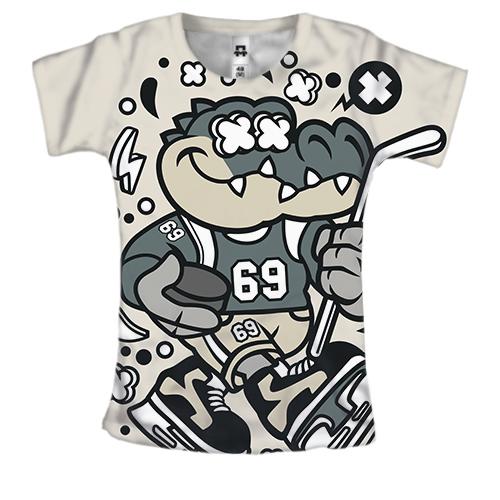Женская 3D футболка с крокодилом хоккеистом