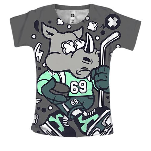 Жіноча 3D футболка з носорогом хокеїстом