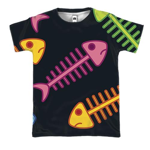 3D футболка з різнокольоровими скелетами риб