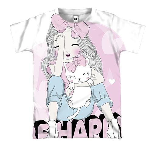 3D футболка з дівчинкою з котом Будь щасливим