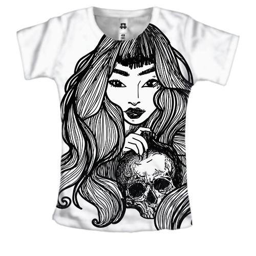 Женская 3D футболка с девушкой и черепом