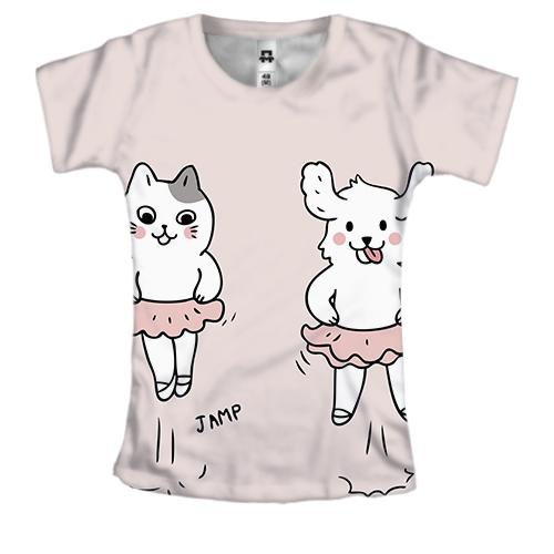 Жіноча 3D футболка з танцюючим котом і собакою
