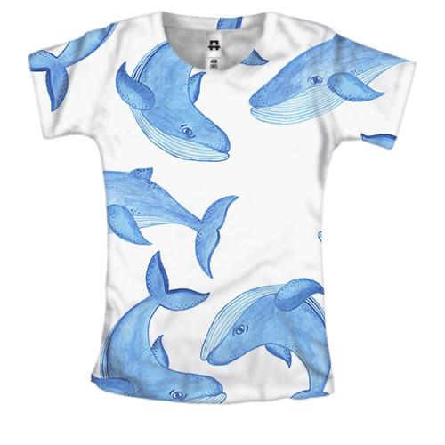 Женская 3D футболка с синими китами