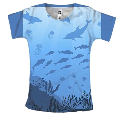 Женская 3D футболка с дельфинами под водой