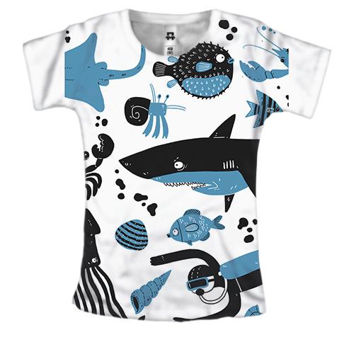 Жіноча 3D футболка з дайвером і рибками
