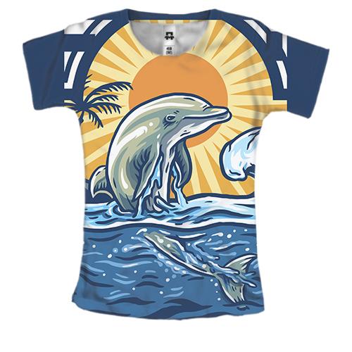 Женская 3D футболка с дельфином в океане на закате