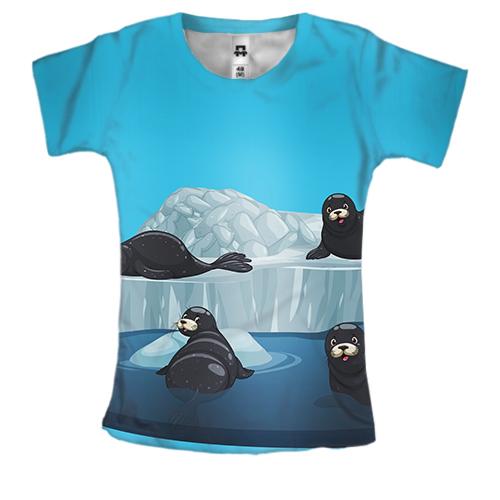 Женская 3D футболка с тюленями на айсберге