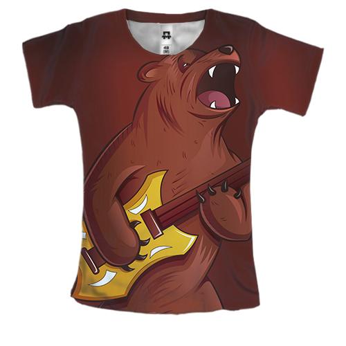 Женская 3D футболка с медведем гитаристом