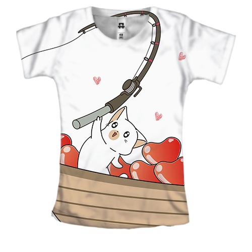 Жіноча 3D футболка з котом який ловить сердечка