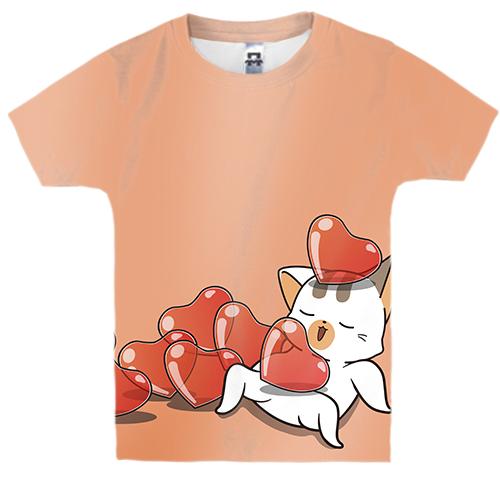 Дитяча 3D футболка с котом в сердечках